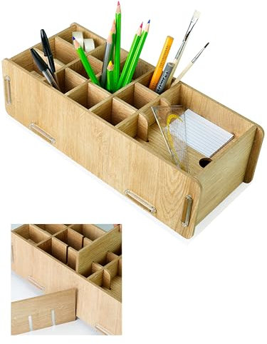 clipfritz - Stiftebox aus Holz (ca.14x32cm) Schreibtisch Stiftehalter für Kinder, Erwachsene - Stifteköcher ideal als Büro Organizer - Stiftehalter für Kinderzimmer - Stiftebehälter für Büroutensilien