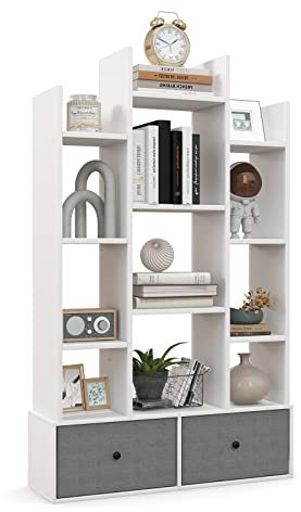 HOMASIS Scaffale a 12 Livelli, Libreria Verticale con 2 Cassetti, Bianca da Terra in Legno, Scaffale d'Angolo per Soggiorno, Ufficio, Camera da Letto, 80 x 24 x 132 cm