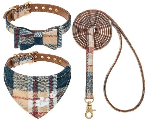 EXPAWLORER Stickerei Hundehalsband mit Leine - Verstellbarer Hundehalsband und Leine Set, weicher schöner Hundehalsband mit Tuch und Schleife, modernes Design ideal für Katzen und Hunde, Beige M