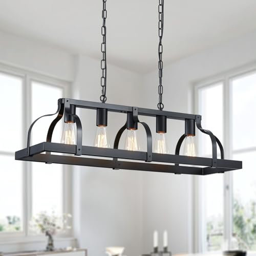 WUZUPS 5-Leichtmetall Kronleuchter Imitation Holzmaserung Lineare Pendelleuchte Deckenbeleuchtung Rustikale Bauernhaus Armatur Küche Insel Esszimmer, E27 Sockel, Schwarz