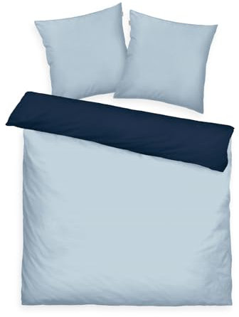 TOM TAILOR Satin-Bettwäsche, 2*80x80 cm + 200x220 cm, 100% Baumwolle/Satin, mit Doppelnaht am Kissen, Wendemotiv und farbigem Markenreißverschluss, TWO-TONE SOLID COLORS Blau (Dark Navy & Sky Blue)