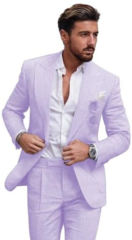 Completo da uomo in lino 2 pezzi slim fit vestito estivo spiaggia matrimonio Groosmen Prom smoking lino blazer pantaloni set, Viola chiaro, S