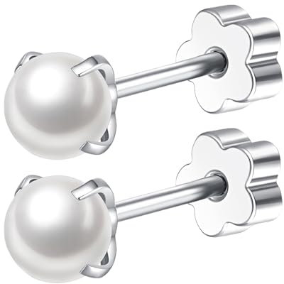 Mochity Orecchini Di Perle Per Donna, Anallergici Orecchini Perle Con Parte Posteriore Piatta, Orecchini Acciaio Chirurgico Argento, Cartilagine Piercing Orecchio (C, 4mm)