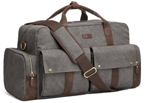 S-ZONE Uni Reisetasche aus Segeltuch, 56 l, Lederbesatz, Wochenendtasche, Sporttasche für Reisen, Wochenende, Urlaub, grau