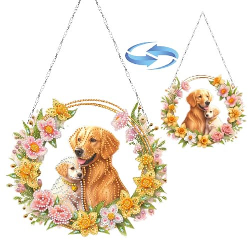 CXINLky DIY Diamond Art Painting Anhänger mit Kette, Tier Diamant Painting Fensterbilder, Kreatives 5D Diamond Malerei Wandbehang Kits für Fenster Wand Garten Decor-01-Hund