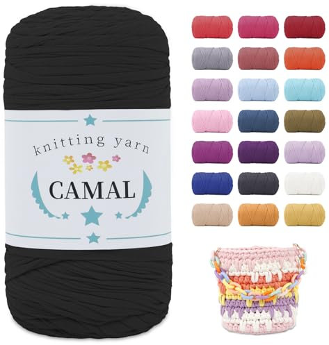 CAMAL Fettuccia per Borse a Uncinetto, 400g x 120m Filato Grosso per Borse Uncinetto Elastico Filo Grosso Fettuccia per Borse, Artigianato, Decorazioni Casa (Nero)