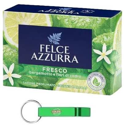 24 saponi Felce Azzurra Sapone Solido Fresco – Sapone fresco solido con profumo di bergamotto e fiori di cedro – Ideale per mani e viso 100 g + portachiavi Beni Culinari