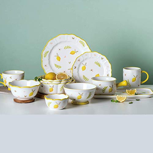 MOKLYF Ensemble de Vaisselle de Cuisine, Ensembles de Table en céramique, Ensemble de Vaisselle en Porcelaine à Motif Citron de 33 Tasses, Bol à céréales et Assiette (
