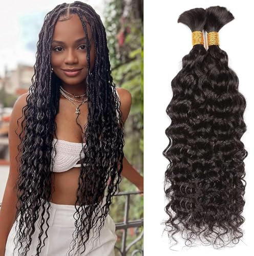DaiMer Water Wave Bulk Human Hair for Braiding Human Braiding Hair 2 Bundles 100g 24Inch (1Pack-2PCS) No Weft 10A Brazilian Water Wave Bulk Hair for Boho Braids Wet and Wavy Human Braiding Hair