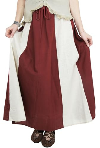 Leonardo Carbone® Damen Rock Dana | Elastischer Bund | Verstellbarer Kordelzug | Karneval, Halloween, Cosplay, LARP, Mittelalterrock, Kostüm, Gewand | Baumwolle Rot/Natur 3XL