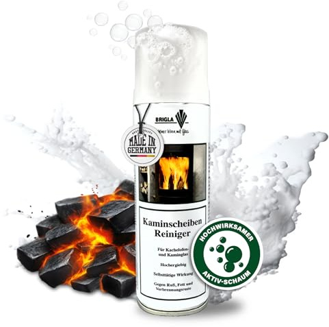 Brigla Premium Kaminscheibenreiniger Aktiv-Schaum Spray 300ml Extra Stark – Kaminreiniger gegen hartnäckigsten Ruß/Schmutz an Ofenscheiben – Ofenglasreiniger/Ofenreiniger Glas Made in Germany