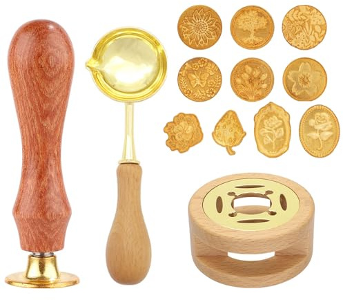 Kit de Cachet de Cire, Tampon Cachet de Cire, Four de Joint de Cire, Cuillère à Fondre, Tampon de Cire à Cacheter, Kit De Timbre De Sceau De Cire, pour Enveloppes de Cartes, Invitations, 10 Styles