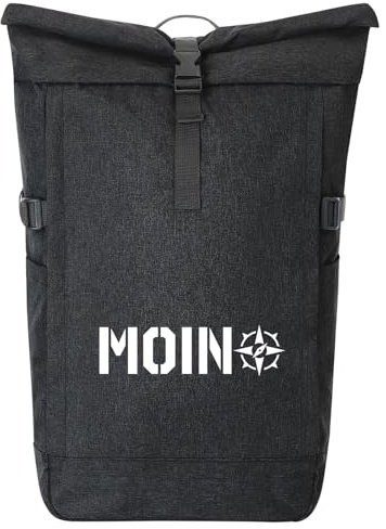 Huuraa Kurierrucksack Moin Kompass Geschenk | 30-44 Liter Backpack Black Melange Fairtrade Rolltop Rucksack Geschenkidee Schwarzer Laptop-Rucksack passend für 17-Zoll