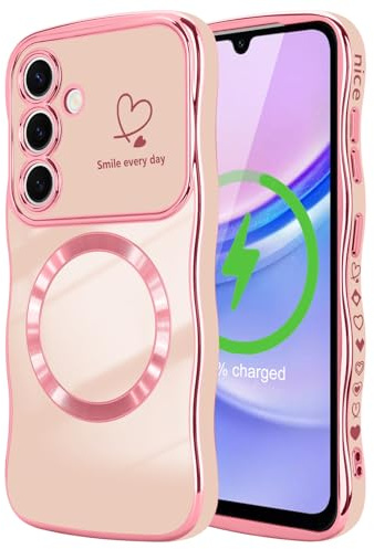 LCHULLE Coque Compatible avec Samsung Galaxy A15 4G/5G Magnétique Coque avec Protection de Caméra Motif Coeur Forme Ondulée Bouclée Galvanisé Case pour Samsung A15 4G/5G Rose