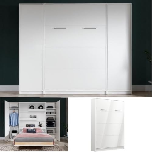 QMM TraumMoebel Schrankbett Wandbett Wandklappbett vertikal VB 140x200 mit Lattenrost und 2 Schränken weiß, Eiche Sonoma Lancelot schwarz Schlafzimmer Set neu (Weiß Hochglanz (Fronten))