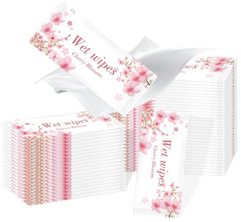 50 Stück, Erfrischungstücher, Feuchtes Toilettenpapier Einzeln Verpackt, Einzeln verpackte Feuchttücher, Hautfreundlich, Wipes Ideal für Reise, Büro & Unterwegs, Kirschblüte