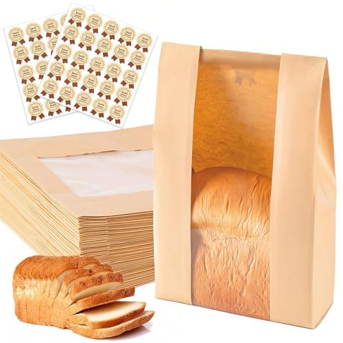 50 PCS Brown Paper Bread Bags with Window | 33 x 16 + 11 cm Kraft Paper Bakery Bags with Label Seal Stickers for Storage Bread Sourdough Cookies and Snacks