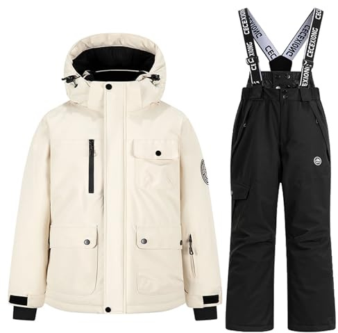 SYDUZAX Kinder Skianzug 2 Teiliges Set Skijacke und Skihose Kapuze Praktische Taschen Warm Winddicht Wasserdicht Snowboarden Jungen Mädchen Schneeanzug für Kinder 3-14 Jahre