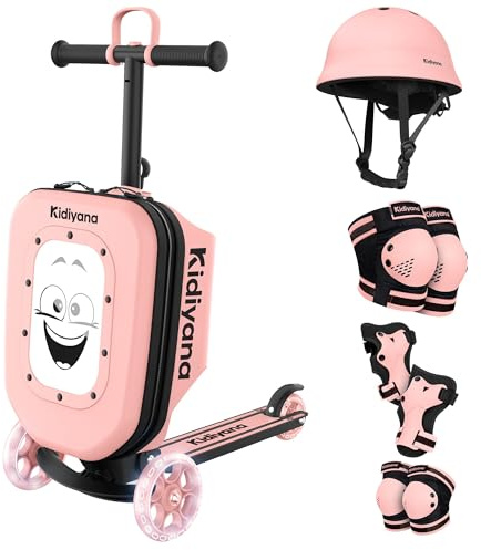 Kidiyana Scooter Koffer mit PC Kinderhelm & Protektoren Set, Kinderkoffer Roller, Höhenverstellbarer Lenker, Sichtfenster, Stauraumerweiterung, als Handgepäck geeignet, Geschenk Set ab 2 Jahren, Pink
