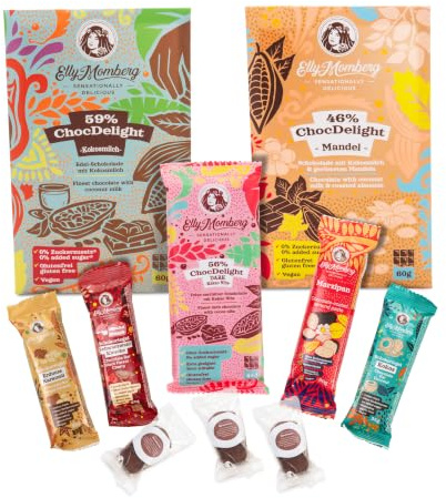 Elly Momberg Gourmet-Geschenk-Set S, 9-teilig, vegane Schokolade, Pralinen, Snackbox ohne Zuckerzusatz, Geschenkbox mit Marzipan, Riegeln, Keto DARK, Kokosmilch, Mandel, 370 g