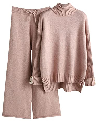 Completo in Maglia Donna 2 Pezzi con Maglione a Collo Alto e Pantaloni Palazzo Tuta da Casa Elegante Invernale Autunn Completi Comoda Calda Casual Oversize per Lavoro Sportiva