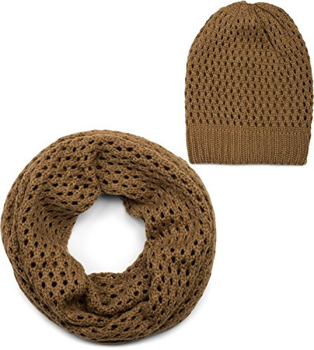 styleBREAKER Strick Loop Schal und Mütze Set, Loch Muster Strickschal mit Beanie Strickmütze, Winter, Unisex 01018210, Farbe:Cognac