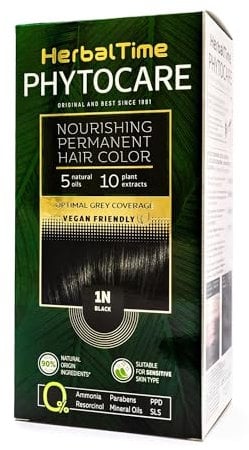 Herbal Time Phytocare Permanent Haarfärbung, Farbe Schwarz 1N | Professionelles Naturhaarfarbe Kit | Pflegt und schützt dein Haar | Ohne Ammoniak, PPD und SLS | 124,5 ml
