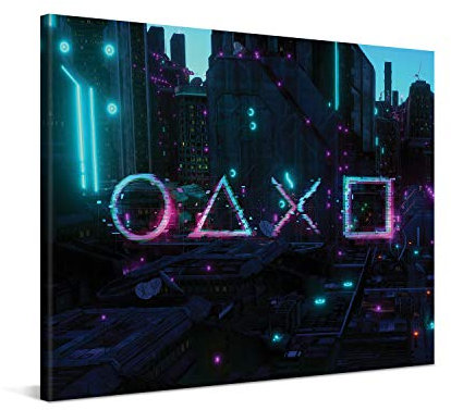 PICANOVA – Quadro Su Tela – Cyberpunk City 100x75cm – Stampa Incorniciata Con Spessore Di 2cm Altre Dimensioni Disponibili Decorazione Moderna – Collezione Gaming Console Gamepad Symbols