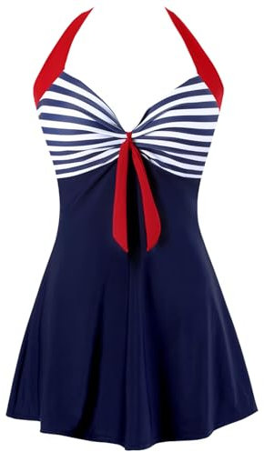 Sixyotie Women's Plus Size Swimsuit One Piece Swim Dress with Skirt Tummy Control Swimwear (Navy, XL)