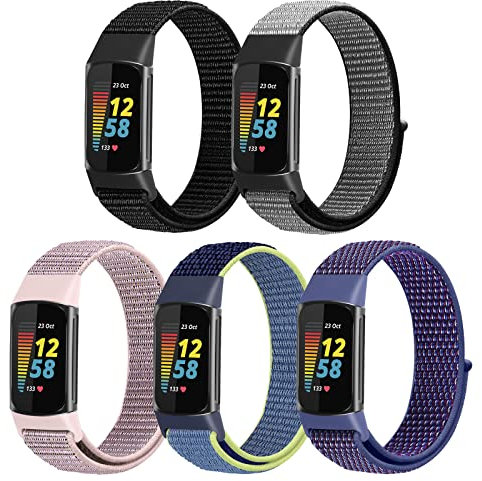WNIPH Nylon Loop Watch Bands Compatible with Fitbit Charge 6/Charge 5 Bands, 5 Pack Adjustable Soft Breathable Sport Loop Wristband Replacement Straps for Charge 5/Charge 6 Women Men