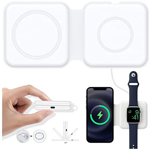 Wireless Charger, BAMEEY Mag-Safe Duo Charger, Foldable Duo Wireless Charging Pad, Portable 2 in 1 Foldable Charging Dock for Samsung S22/S21 & Iphone 14/13/12, iWatch7/6/5/4/3/2 Airpods2/3/Pro(White)