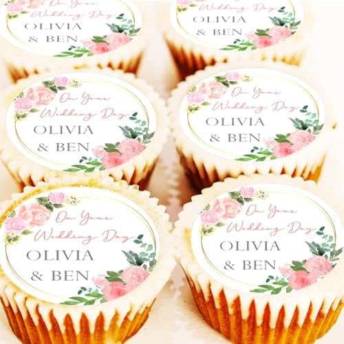 Personalised Pink Rose Cupcake Toppers - Edible Icing or Wafer - 4cm x 24 - Birthday Wedding Nikah Christening Baby Shower Hen Cake Decorations (Edible Wafer)
