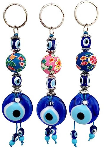 Erbulus Türkischer Böser Blick Schlüsselanhänger 3er Set - Türkische Geschenke - Böser Blick Schlüsselanhänger für Autoschlüssel, Frauen & Männer, Blau, Rosa, Medium