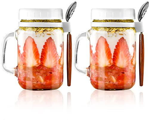 Alongen 16oz Müslibecher über Nacht Hafer Behälter luftdichtes Glas Haferflocken Gläser mit Deckel und Löffel tragbarer Obstbehälter, Salatbecher für Jogurt Müsli Mepal Porridge Milch Früchte(Weiß)