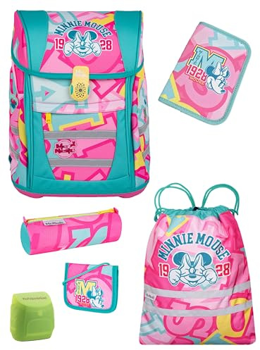 Familando - McNeill Teneris Schulranzen Set - 6-teilig mit Federmappe - Minnie Mouse - Ergonomisch & Verstellbarer Brustgurt - 980g leicht mit 18L Volumen & Reflektoren - Für Grundschule ab 1. Klasse