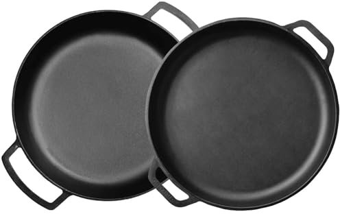 Sartén de hierro fundido de 36 cm de diámetro con tapa, sartén de hierro fundido, dos asas, sartén para servir