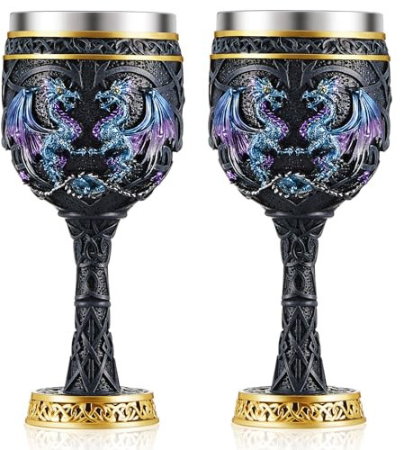 Jinei 2 Pcs Medieval Cups and Goblets Dragon Wine Goblet Chalice Goblet 7 oz Resin Dragon Cup Gothic Wine Glass Romantic Stainless Steel Drinking Cup for Medieval Party Decorations(Antique)