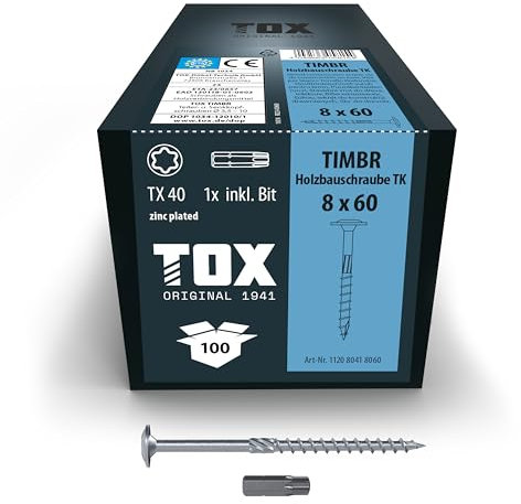TOX Vis TIMBR TK 8,0 x 60 mm, zinguées bleues avec tête plate, TX40, vis pour un vissage facile et une capacité de charge élevée dans la construction en bois, 100pcs, y compris 1x embout, 112080418060