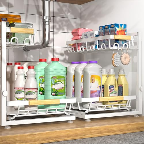 Sevenblue 2-Pack 2-Tier Height Adjustable Under Sink Organizer & Storage | Multi-Purpose Storage for Kitchen & Bathroom Cabinet. Large White Shelf, Height Adjustable Design for Space-Saving.