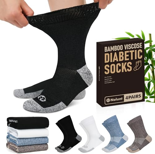 NOLUNT Diabetic Socks for Men,4 Pairs Crew Diabetic Neuropathy Socks for Men 9-12 10-13 13-15(Dark Blue+White+Coffee+Black-Large)