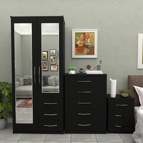 Ready 3-Piece Bedroom Furniture Set, 2-Door Mirrored Wardrobe with Drawers, 5-Drawer Chest, 3-Drawer Bedside Table (Black)