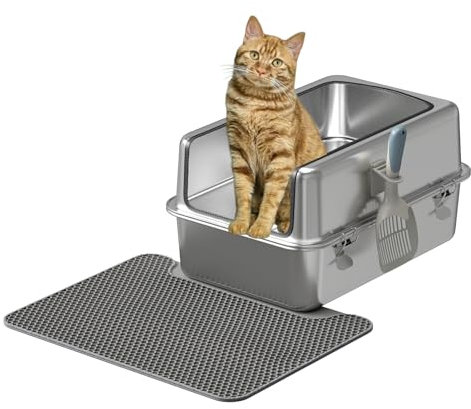 Youyijia XL Cat Litter Box All-Stainless Steel, 30L Cat Litter Tray with Splash-Proof Lid, Metal Large Litter Box Tray with Double Layer Litter Mat, Litter Scoop for Large Medium Cats,23.4x15.6x11.8in