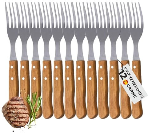 Set de 12 Tenedores para Carne con Mango de Madera y Púas de Acero Inoxidable, Cubiertos Reutilizables para Asados, Barbacoas y Comidas Familiares