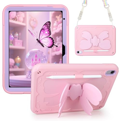 Aolcev for iPad (A16) 11th Generation 11 Inch 2025 Case/iPad 10th Generation 10.9 Inch 2022 Case for Kids Girl with Butterfly Bow Stand Pencil Holder Shoulder Strap Heavy Duty Protective Cover-Pink
