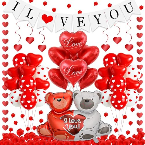 Tasoraor Rote Valentinstag Deko Set - Romantische I Love You Banner 2m Herz Girlande Bär Folienballon, Künstliche Rosenblätter Herzluftballons Hängende Spiral für Jubiläum Verlobung Hochzeit