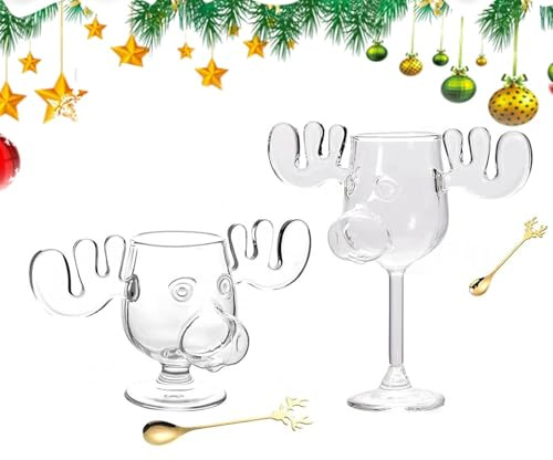 Christmas Moose Cup, Thick Glass Eggnog Mug with Spoon, 3D Antlers, Festive Hot/Cold Drinkware (AB-2PC)