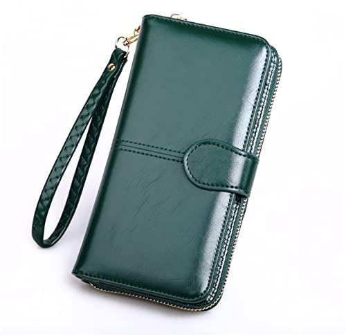TLMDXTEU Langes Damenportemonnaie Oilskin Wallet Long Dreifache Handytasche Frauen Zipper Coin Bag Großes Fassungsvermögen(Grün)