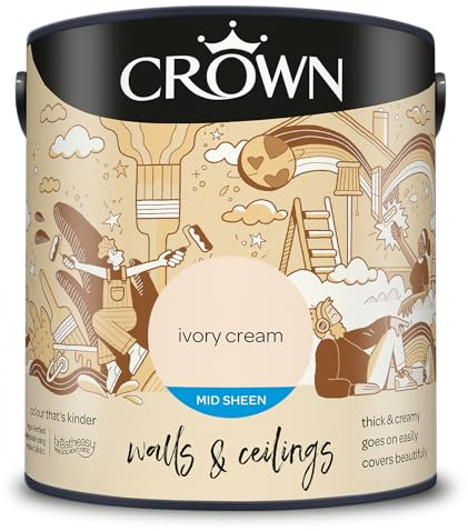 Crown WALLS & CEILINGS Cream Kitchen & Bathroom Paint, Mid Sheen 2.5L | Wipeable Ivory Cream, scuff resistant mid sheen. Durable on walls & ceilings. Condensation resistant. Low VOC & low odour