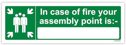 V Safety 17026AX-R In Case Of Fire Your Assembly Point Is: Sign - Landscape - 300mm x 100mm - 1mm Rigid Plastic, Green