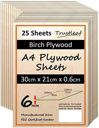 6mm Birch Plywood A4-300x210x 6mm - (Pack of 25) Laserable Low fume E1 Glue Ply.